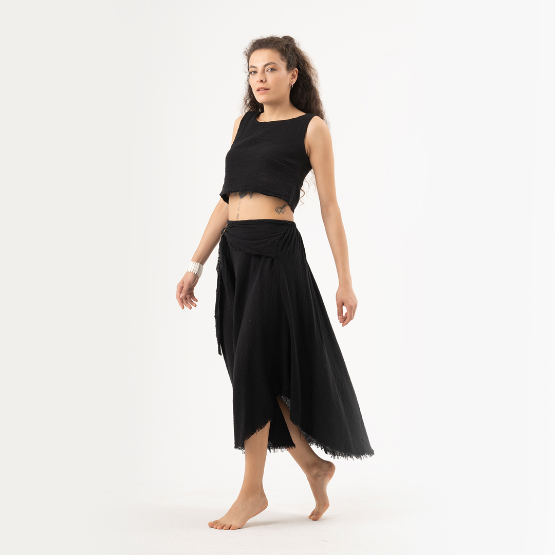 Keten Asimetrik Tokalı Etek Standart Beden